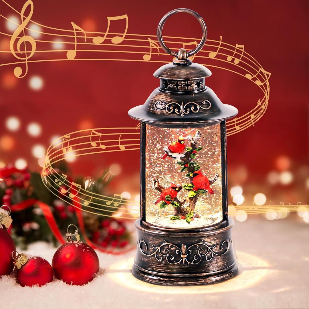 Christmas Cardinal Snow Globe Light up Lantern with 8 Songs, 10.2" Christmas Snow Globes for Kids Adults, 6H Timer & Dual Power, Snowglobes Christmas Decorations Indoor for Home, Gifts for Women Men (Brown-5)