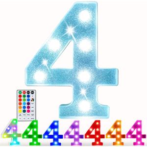 Pooqla Colorful Marquee Numbers with Remote, RGB Light Up Numbers, Glitter LED Lighted Number Lights Battery Powered, Christmas Birthday Gift Home Bedroom Wedding Shiny Party Decoration, Number 4