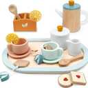 PairPear Wooden Tea Set for Little Girls, Wooden Toys Toddler Tea Set Play Kitchen Accessories for Kids Tea Party with Play Food