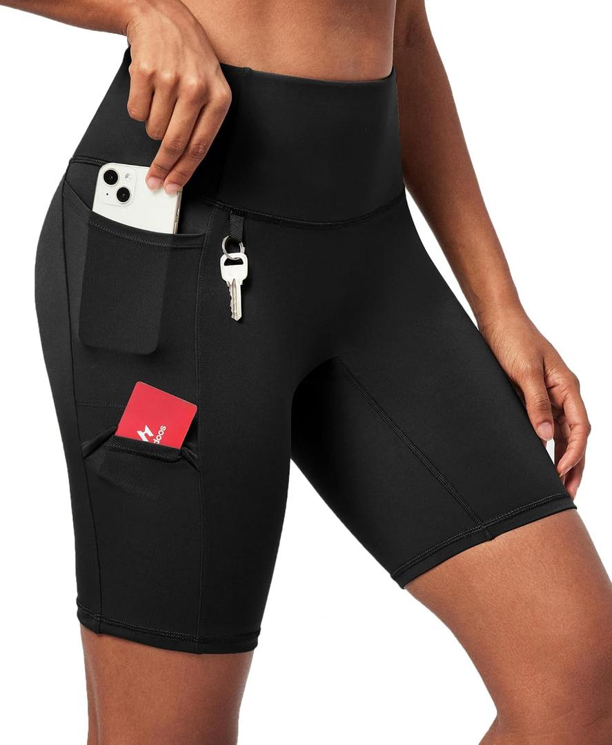 Ewedoos Biker Shorts Women Tummy Control with 4 Pockets No Front Seam Hiking Workout Spandex Shorts High Waisted UPF50+ (Black, M)