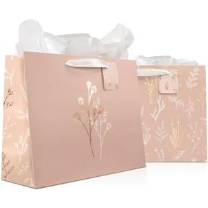Beautiful Gift Bags Set of 2 - Large 13" Bags with Handles incl. Matching Tissue Paper, Cards & Stickers - Reusable and Perfect For Presents of Any Birthday, Weddings, Mothers Day & Special Occasion