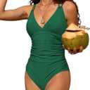 Charmo Tummy Control One Piece Swimsuits for Women Ruched Bathing Suits Strappy V Neck Monokini (Large, #1f Green)