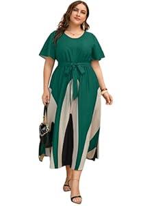 WDIRARA Women's Plus Size Color Block Short Sleeve Belted A Line Flared Midi Dress Green and White 2XL