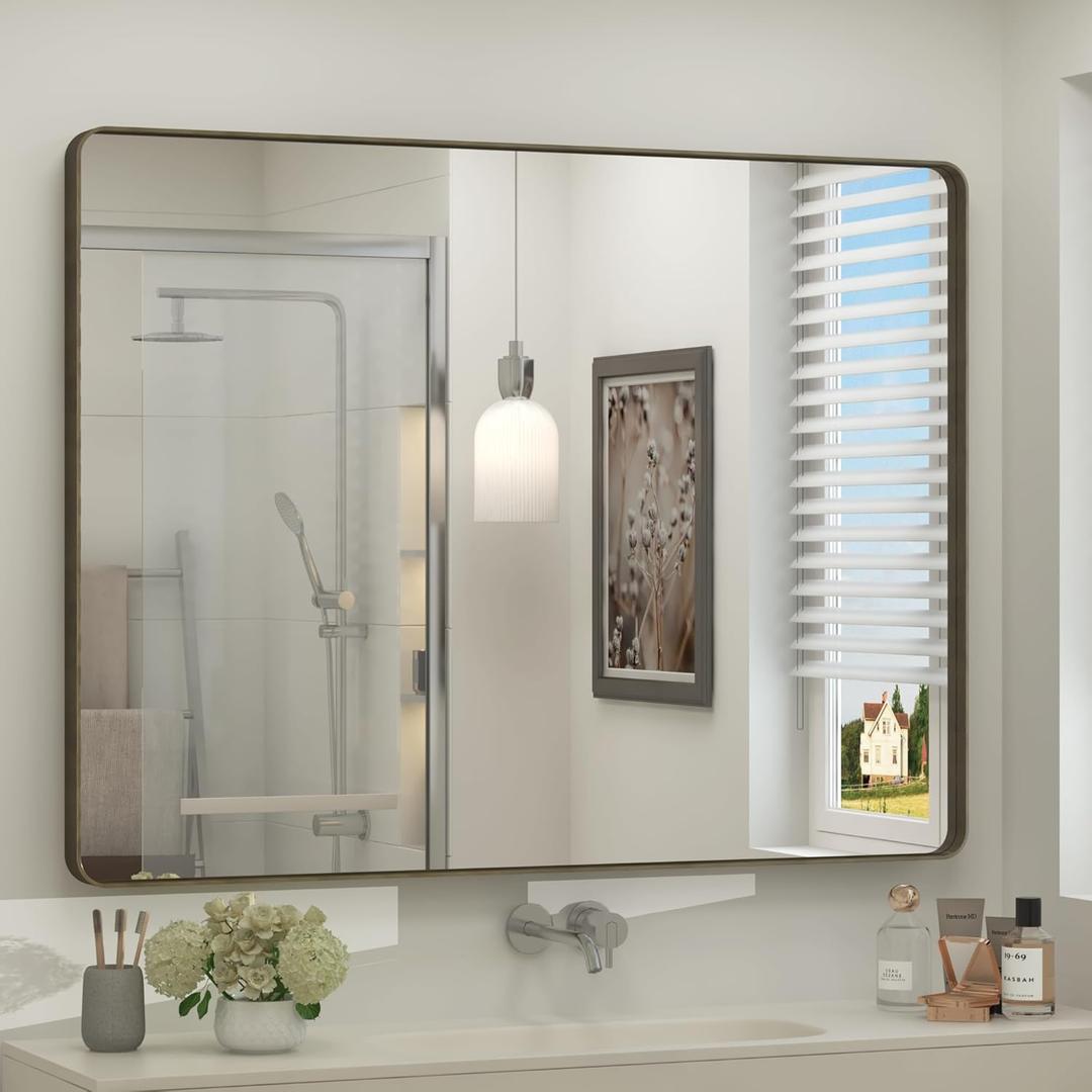 44x36 Bronze Bathroom Mirror, Brushed Metal Bathroom Vanity Mirrors for Wall, Rounded Corner Bronze Rectangle Mirror for Farmhouse, Bedroom, Anti-Rust (Horizontal/Vertical)