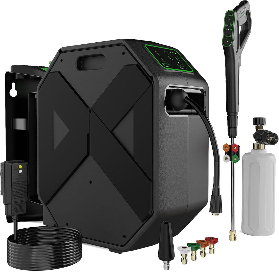 Wall Mounted Pressure Washer - 3500 PSI, 2.5 GPM Electric Power Washer with 100FT Retractable Hose, 5-Stage Adjustable Pressure, Foam Cannon and 5 Nozzles for Car, Driveway, Patio Cleaning (Black)