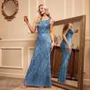 Glitter Formal Dresses Long Evening Gowns Bodycon Mermaid Sparkly Sequin Boat Neck Cocktail Party Dress (Blue, XL)