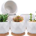 Jucoan 6 Pack Ceramic Succulent Planter Pot with Bamboo Tray, 4 Inch Small White Diamond Shaped Cactus Herb Flowers Planter with Drainage Hole for Indoor Home Office Decor