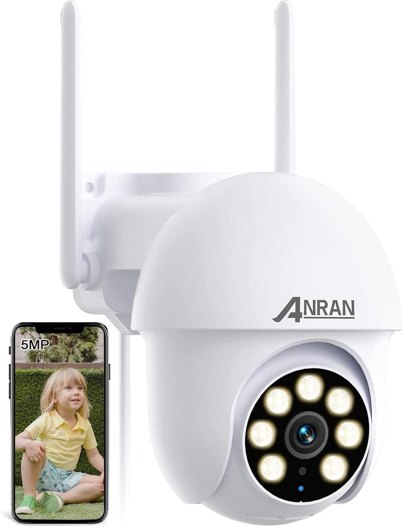 ANRAN 5MP Security Camera Outdoor, 360PTZ Auto-Tracking, 2.4/5GHz WiFi Wired Security Camera, Spotlight & Siren, True Night Vision, IP66 Waterproof, Audio, SD & Cloud Storage, 24/7 Recording, Audio