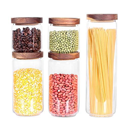 Glass Canisters Set of 10 for the kitchen, Glass Storage Container jars with Airtight Acacia Lid for Coffee Beans, Flour, Sugar, Rice and Spaghetti and etc