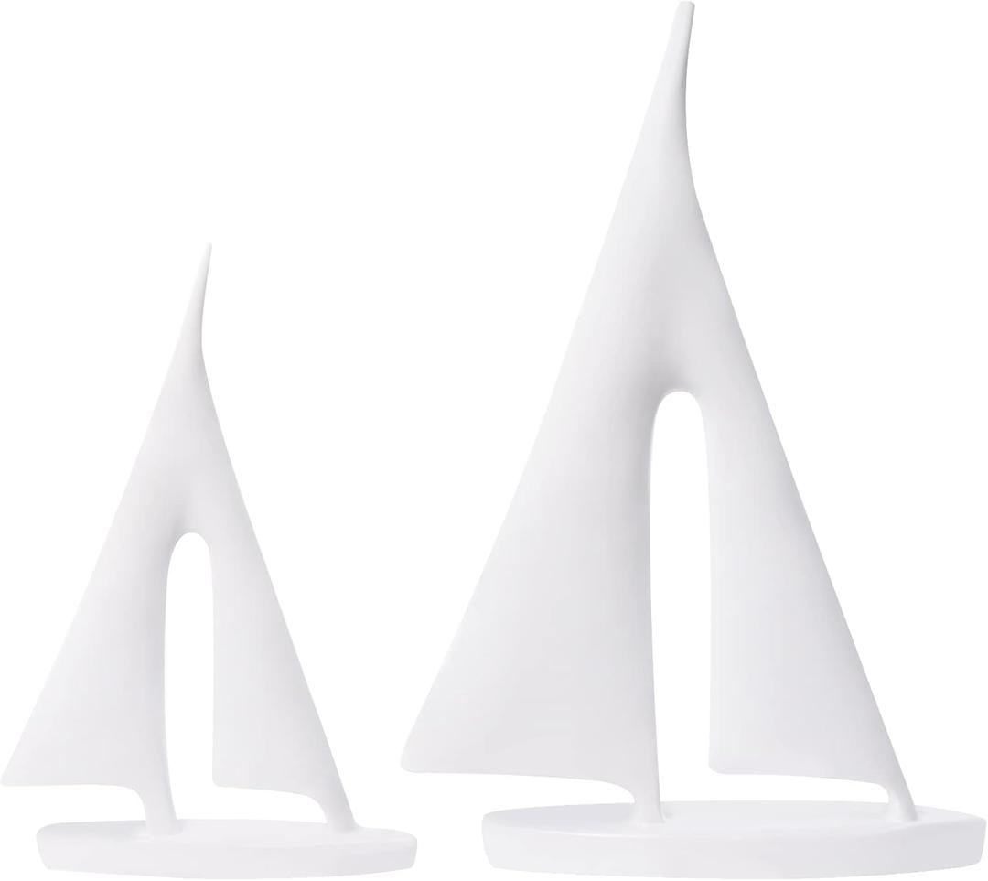 Modern Sculptures Home Decor, Sailboat Decor Ornament, Boat Decorations Statue Decor, Art Sculptures and Statues, Sailboat Gifts Home Office Bathroom Shelf Decor (White-2 Pack)