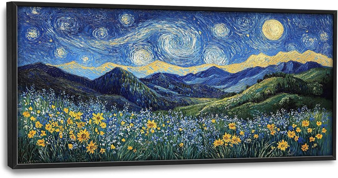 Starry Floral Night Wall Art Van Gogh Style Pictures Wall Decor Landscape Large Master Over Above Bed Canvas Prints Horizontal Modern Artwork Painting Home Office Decorations For Bedroom 30"x60" (Flowers)
