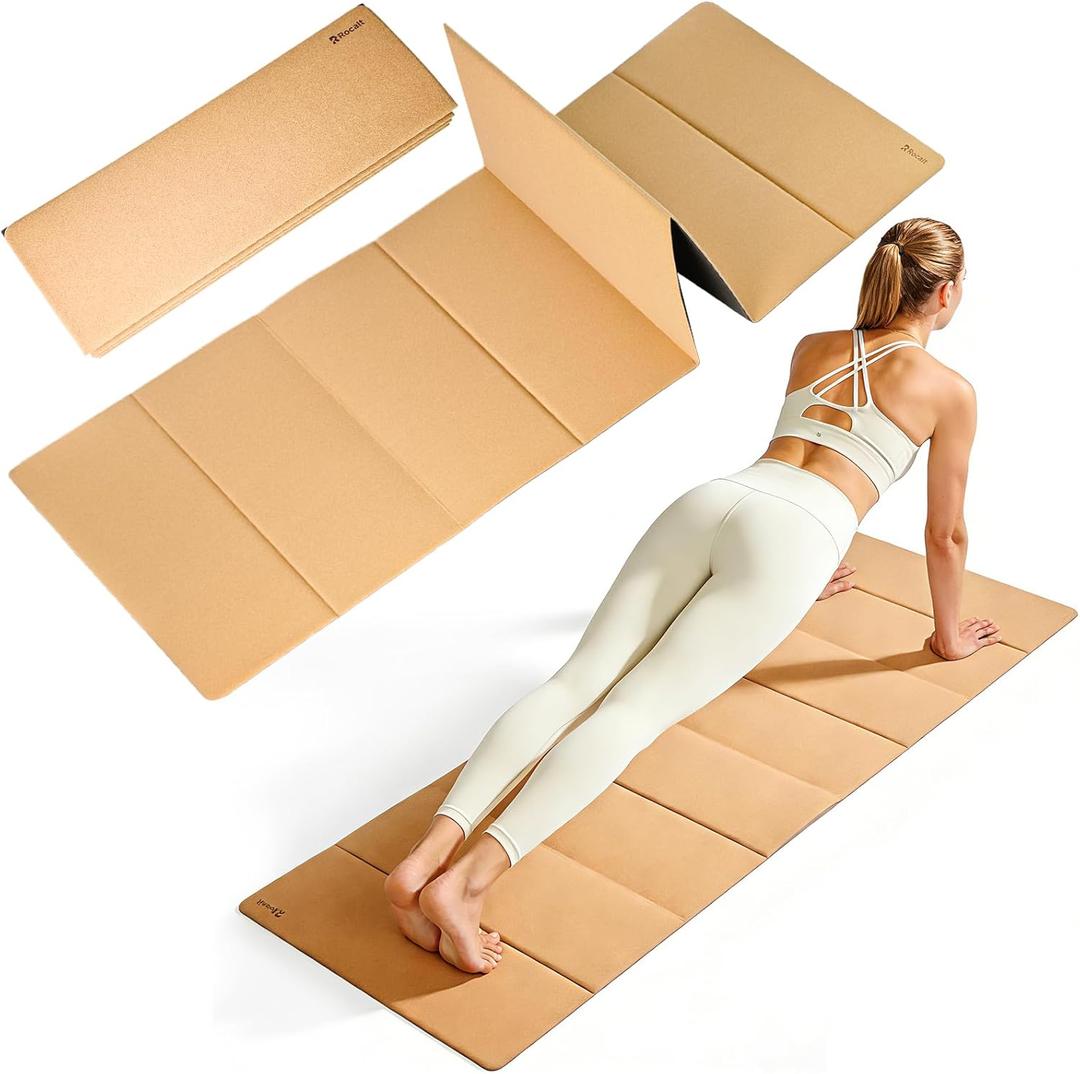 Rocalt Foldable Cork Yoga Mat, Non-Slip Lightweight Exercise Mat for Travel, Packable Workout Mat with Carrying Strap for Yoga Pilates Home Gym Floor Fitness