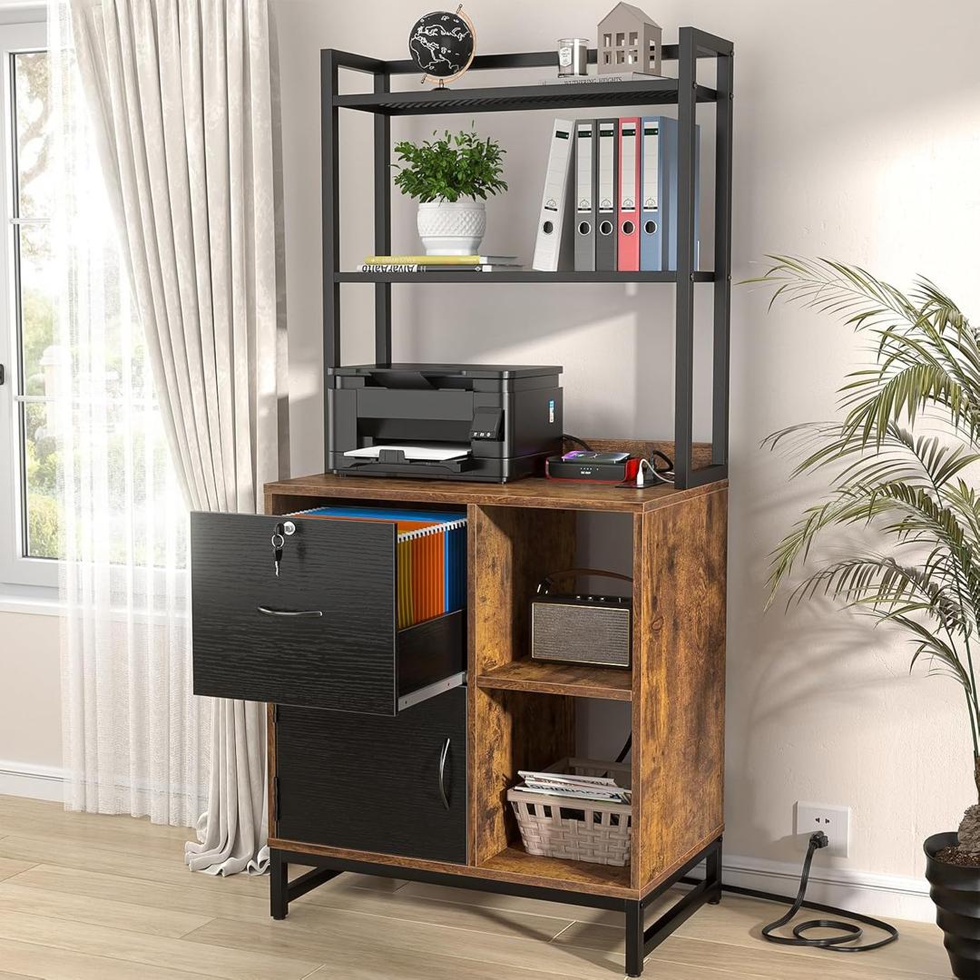 Homieasy Vertical Filing Cabinet with Bookshelf for Home Office, File Cabinet with Shelves, Lock & Charging Station, Drawer Office File Cabinets with Printer Stand, fits Letter Size, Rustic Brown, Large