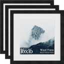 16x16 Square Picture Frame 3 Pack, Solid Real Wood Grain, Displays 12x12 with Mat or 16x16 Without Mat, Wall Gallery Poster Frames, Black