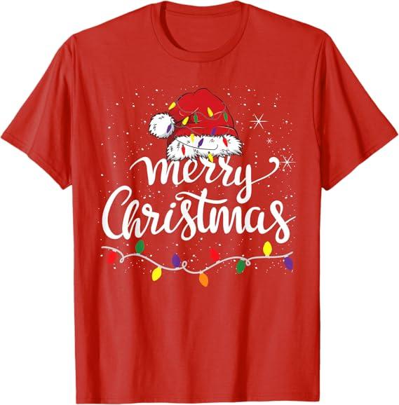 Merry Christmas Lights Red Santa Hat Xmas Family Men Women T-Shirt, S