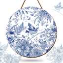 FYSUIMU Spring Flower Wooden Hanging Sign Chinoiserie Floral Door Decor Sign Blue and White Flower Bird Welcome Wood Sign for Indoor Outdoor Porch Wall