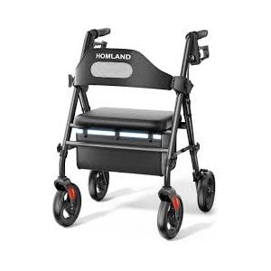 HOMLAND Foldable Rollator Walkers with Seat for Seniors, 8'' Big Wheels, 350 lb. Weight Capacity, Adjustable Handles and Seat Height, Lightweight Rolling Walker, Black