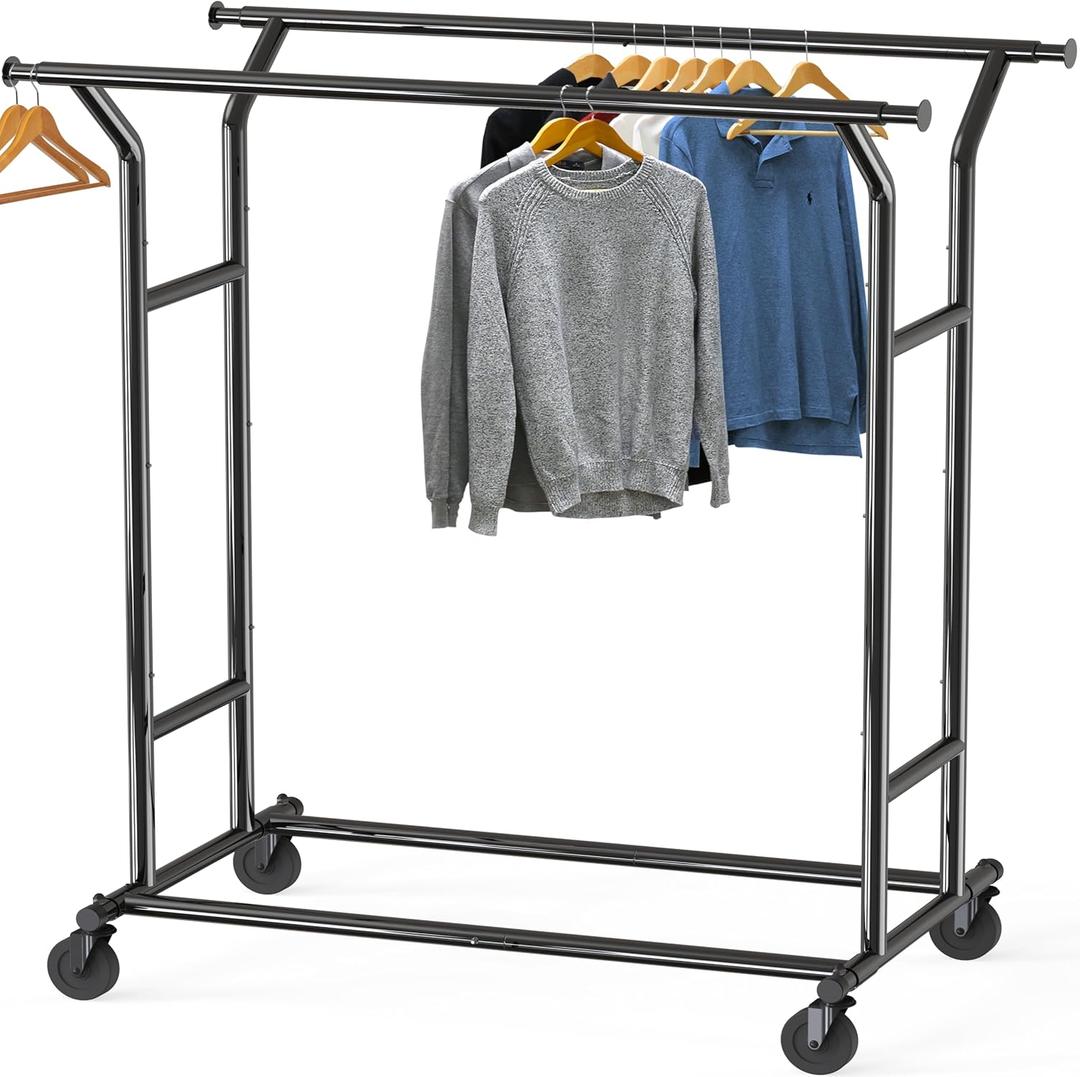 Simple Houseware Heavy Duty Double Rail Clothing Garment Rack, Holds Up to 200 lbs, 43 to 67 Inches Extendable Rod, Black