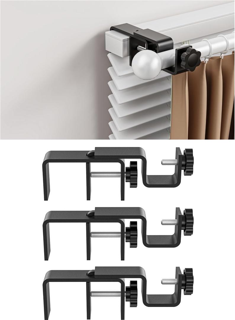 Over-Blinds Curtain Rod Brackets for Outside-Mounted Blinds, Blinds Curtain Rod Brackets for 1.32 Rectangular Headrails, Tool-Free No-Drill Installation for Apartments, Rentals Set of 3 (Black)