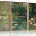 FWIEXA Monet Floral Framed Canvas Wall Art Set, Impressionist Botanical Garden Wall Decor, Vintage Ponds Tree Plant Artwork, Nature Landscape Prints for Living Room, Bedroom - Size 16"x24"x3 (Oil Painting Garden)