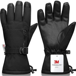 Snow Gloves,Touchscreen Ski Mittens,Warm Cold Weather Ski Gloves for Parent Boys Girls (Fit Kids11-15 Years and Women size S-M), Full Black 1)