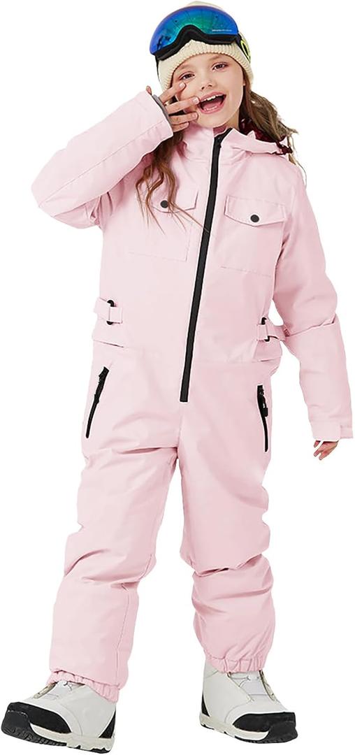 Haloumoning Kids Snow Suit Girls Waterproof Insulated Winter Outdoor Overalls Snowboarding One Piece Ski Suit 5-14Years (9-10 Years, Pink)