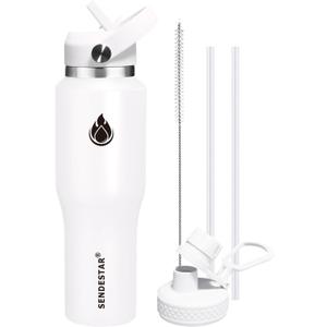 SENDESTAR Water Bottle,Wide Mouth Stainless Steel Vacuum Insulated Double Wall Keep Liquids Cold or Hot All Day,Sweat Proof Sport Design,Fit Car Cup Holder,White,40 Ounces
