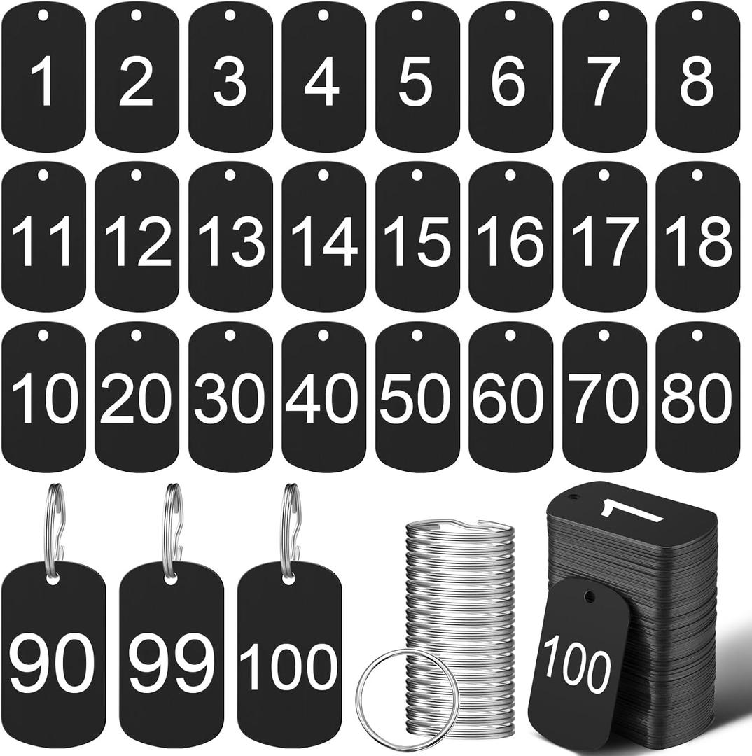 100 Pcs Aluminum Number Tags with Key Rings Number 1-100 Metal Key Tags for Identification Hotel Dormitory House Lockers(Black,Rectangular)