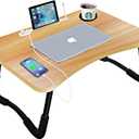 ICARE Laptop Bed Desk, Portable Foldable Laptop Lap Desk Tray Table with USB Charge Port/Cup Holder/Storage Drawer, for Bed/Couch/Sofa Working, Reading (Wood)
