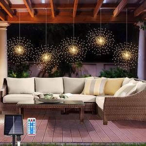 5 Pack Solar Firework Lights, 450 LED 8 Modes Dimmable Waterproof Hanging DIY Starburst Fairy Lights with Timer for Party Garden Indoor Outdoor Decoration (Warm White, 450)