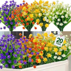 TURNMEON 20 Bundles Artificial Flowers for Outdoors Fake Plants Summer Decor, UV Resistant Artificial Plants Cemetery Fake Flowers Faux Plastic Greenery Shrub for Home Porch Decor 580 Head(Mix Colors)