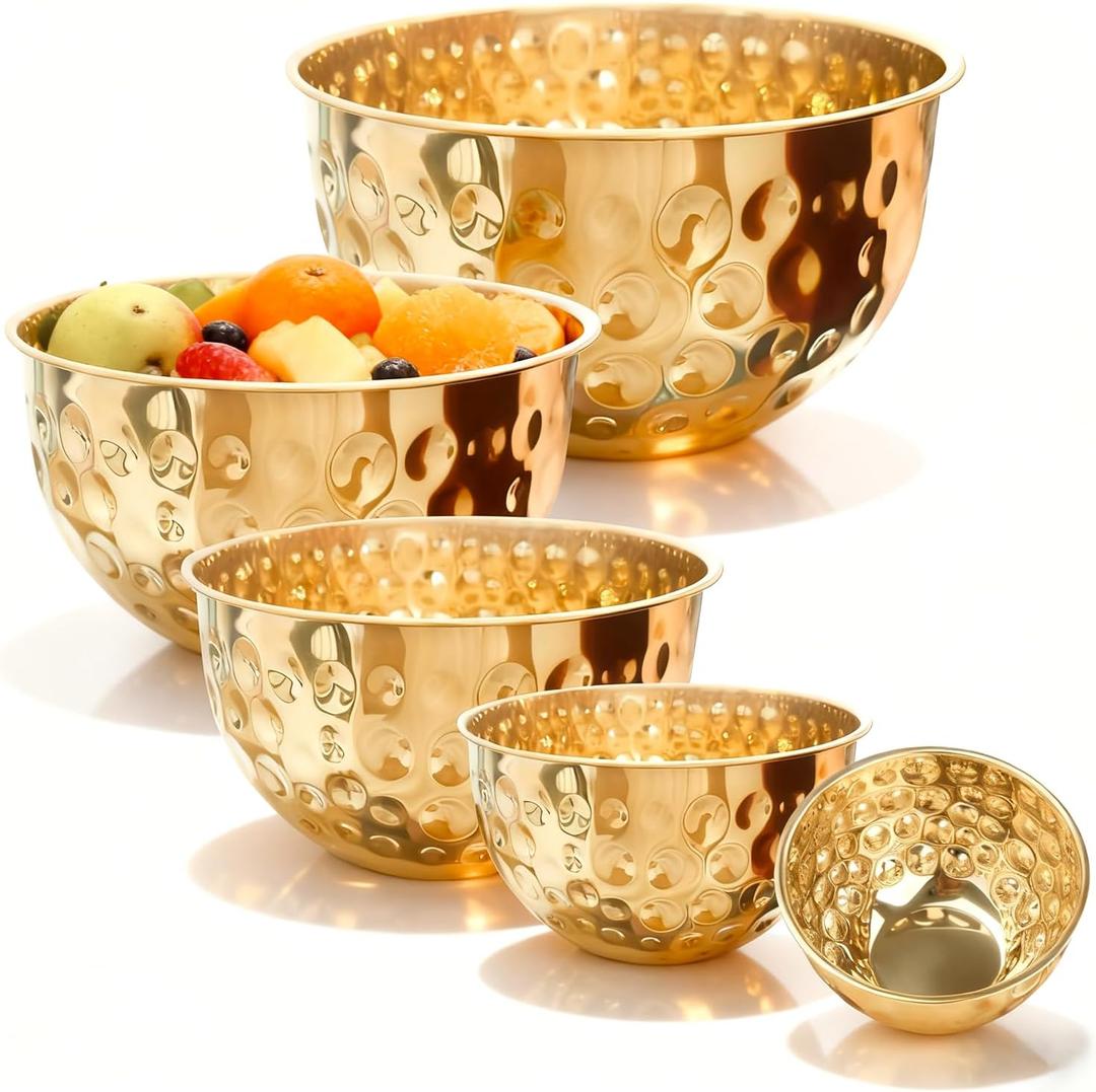 5-Piece Stainless Steel Mixing Bowls Set, Metal Hammered Gold Mixing Bowls for Kitchen, Cooking, Baking, Salad Prep, Food Storage, Reusable Nesting Design, 1.6-4.9 QT Capacity, Dishwasher Safe