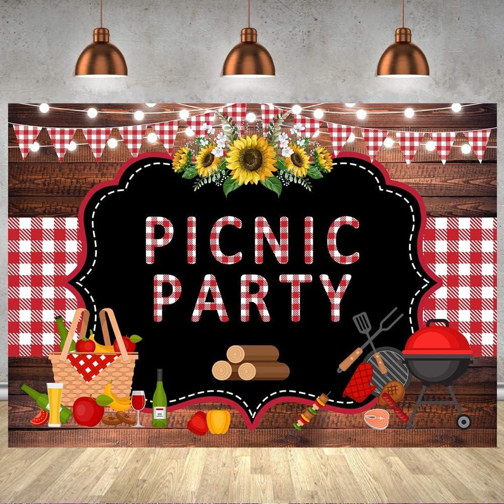 Withu Picnic Party Backdrop Wooden Red White Checkered Mat String Lights BBQ Photography Background Sunflower Outdoor Barbecue Decorations Banner Photo Booth Props 7x5ft