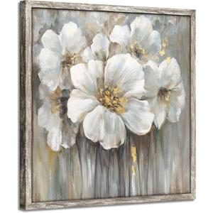 Floral Pictures Wooden Artwork Framed: White Lily Wall Art Botanical with Golden Foil Paintings on Wood Plank for Bedroom (12W x 12H, Multi-Sized/Material)