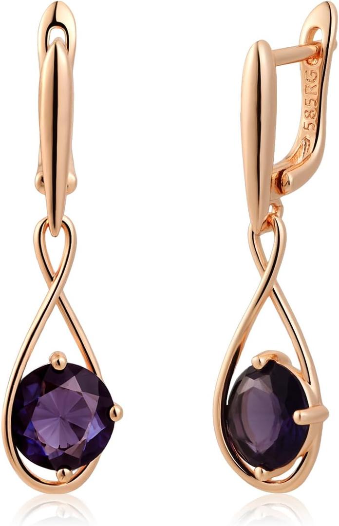 14k Rose Gold Plated Dark Purple Round Rhinestones Teardrop Earrings Dangle Hypoallergenic Stone Earrings for Women