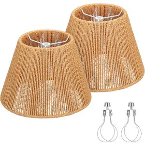 Small Rattan Lamp Shades Set of 2, Boho Lamp Shades for Table Lamps, 5.5" Top x 10" Bottom x 6.6" High, Wicker Lampshade Replacement for Bedroom, Hand Woven, Spider, Bulb Clip Adapters Included