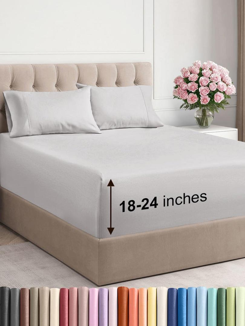 Extra Deep Pocket King Sheets - 4 Piece Breathable & Cooling Bed Sheets - Hotel Luxury Bed Sheet Set - Soft, Wrinkle Free & Comfy - Easily Fits Extra Deep Mattresses - Deep Pocket French Grey Sheets