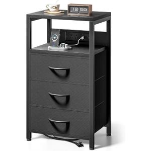NightStand Bedside Charging Table Bedroom - Night Stand with Charger Station, Black Modern Bed Side End Table with Open Shelf & 3 Fabric Drawers, USB-C Port for Dorm, Living Room