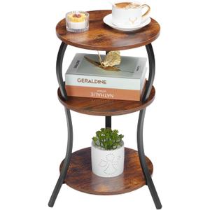 Vintage Small Round Side Table, 3-Tier Slim Waist Circular End Table with Storage Shelf, Compact Tea Sofa Table, Round Corner Coffee Table Nightstand for Living Room Bedroom Small Spaces, Rustic Brown