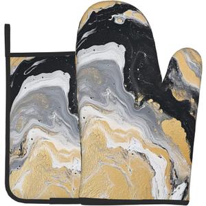 Oven Mitt and Pot Holders Sets - Marble Kitchen Mitts Decorative Marbling Oven Gloves Stones Hot Pads Set of 2 for Cooking BBQ Baking Grilling (Black White Yellow Marble)
