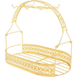 Electroplated Gold Coffee Cup Holder with 6 Hooks and Wire Storage Basket Wrought Iron Mug Stand Organizer for Kitchen Countertop Home and Party Use 13X11.5X8 Inches