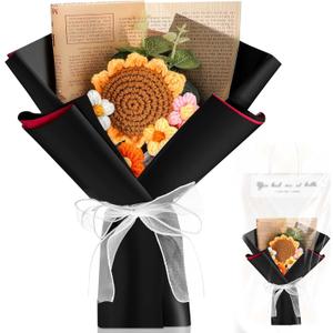 Crochet Flower Bouquet Handmade Sunflower Knitted Bouquet Artificial Knitted Flowers with Wrap for Graduation Wedding Anniversary Birthday Home Decor Gift(Black)