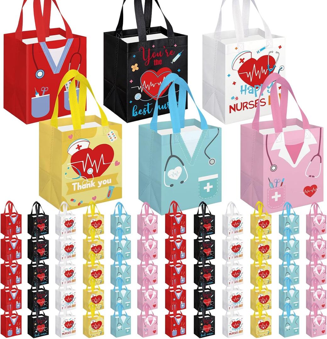 KOPOOEOE 60 Pcs Nurse Week Gifts Bags Bulk Nurse Appreciation Gift Bag with Handles Reusable Thank You Treat Bag for Rn Cna Crna Non Woven Treat Tote Bags for Medical Assistant Party Favor