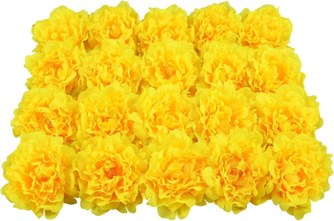 20 Pcs Artificial Flower Peonies, 5" Silk Fake Peonies with 6" Stems No Leaf, Faux Peonies Flowers for Decoration Wedding Home Party Centerpiece Decor Floral Art (Yellow)