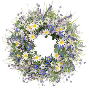 22 Inches Spring Wreaths for Front Door Blue Spring Door Wreath Summer Floral Wreath with Wildflower Lanvender for Wall Porch Indoors Outdoor Window Home Decorations