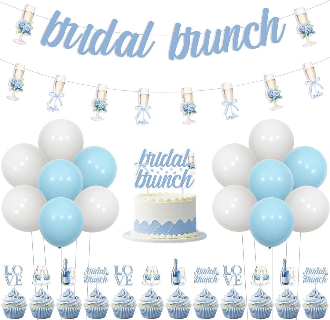 Cheereveal Hydrangea Bridal Shower Decorations, Bridal Brunch Banner Cake Topper, Blue Hydrangea Garland Cupcake Toppers, Floral Flowers Theme Mimosa Bar Wedding Engagement Bachelorette Party Supplies