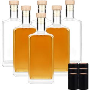 6Pack 8 oz Glass Bottles with Lid 250 ml Clear Empty Bottles with Cork Square Glass Bottle with Cap for Liquor Vodka Brandy Whiskey Beer Water Soda