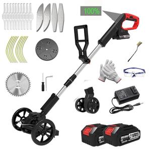 Cordless Weed Wacker Battery Powered Electric Weed Trimmer, with 2Pcs 21V Battery 5 Types Blades Lightweight Grass Trimmer Edger Lawn Tool, Push Wheeled No-String Trimmer for Garden Yard. Some spare parts are lost.
