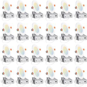 Amico 24 Pack 4 Inch 5CCT Ultra-Thin LED Recessed Ceiling Light with Junction Box, 2700K/3000K/3500K/4000K/5000K Selectable, 10W Eqv 60W, Dimmable Can Light, 800LM High Brightness Downlight - ETL&FCC