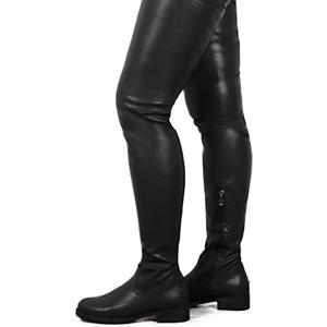 YING LAN Over the Knee High Boots for Women Sexy Zipper Round Toe Low Chunky Heel Faux Leather Surgical Stretch Riding Thigh High Boots (12.5, Black)